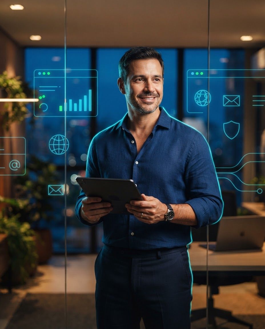 Empresário acompanhando o status do site e do e-mail da empresa no tablet